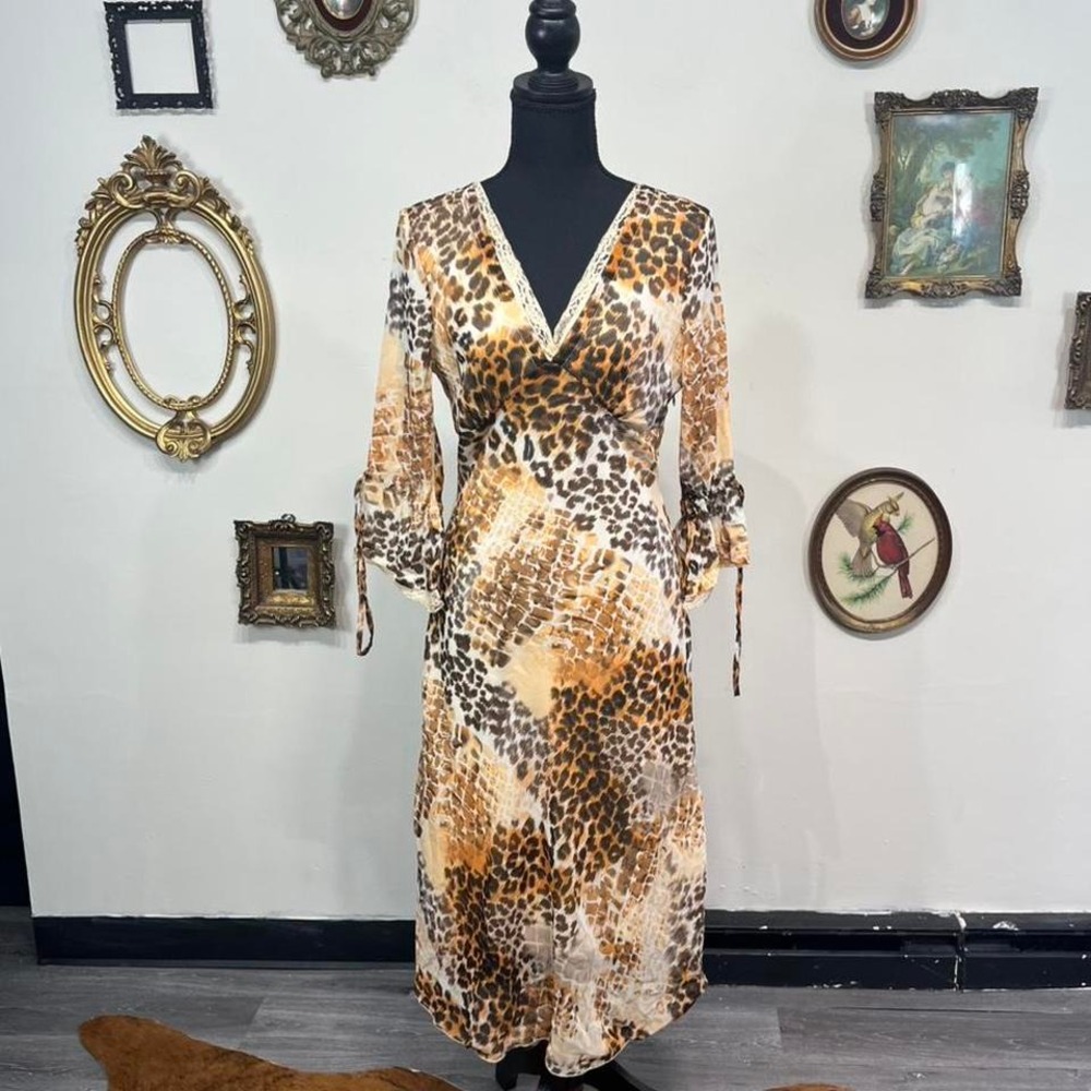 vintage y2k Esmeralda Fashions Leopard Print Sheer Midi Dress Lace Trim